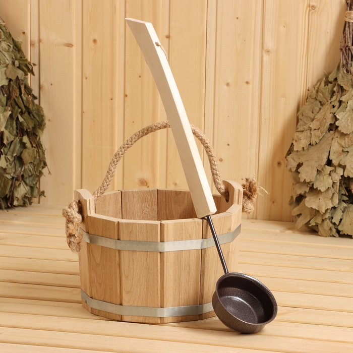 Набор для бани и сауны, шайка 4,5 л, черпак из меди 0,2 л Набор для бани и сауны, шайка 4,5 л, черпак из меди 0,2 л