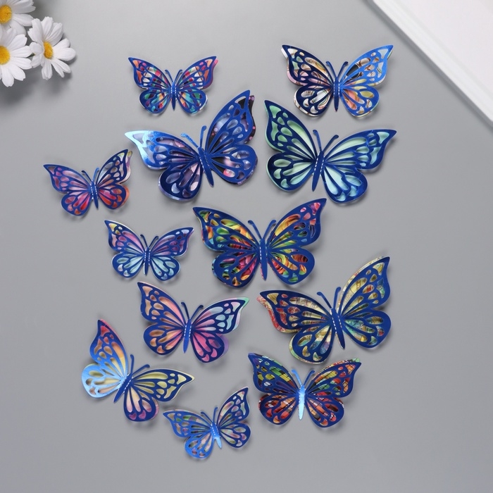 Наклейка бумага, пластик Наклейка бумага, пластик "Бабочки, цветные пятна" синие набор 12 шт 12 см, 10 см 8 см