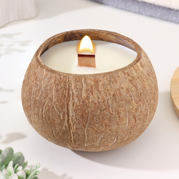 Свеча в кокосе ароматическая, зелёный чай, соевый воск, 8х10 см, в коробке Свеча в кокосе ароматическая, зелёный чай, соевый воск, 8х10 см, в коробке