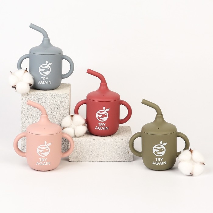 Поильник с трубочкой детский силиконовый «Try again», 200 мл., с ручками, цвет вишневый Поильник с трубочкой детский силиконовый «Try again», 200 мл., с ручками, цвет вишневый