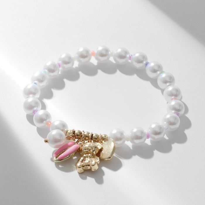 Браслет жемчуг «Марджери» ракушка и медведь, цвет розово-белый Браслет жемчуг «Марджери» ракушка и медведь, цвет розово-белый