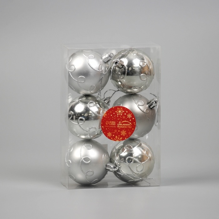 Набор шаров пластик d-6 см, 6 шт "Вензеля" серебро