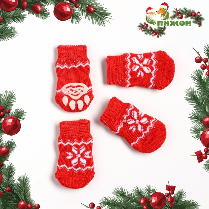 Носки нескользящие  Носки нескользящие "Снежинка", размер L (3,5/5 * 8 см), набор 4 шт, красные