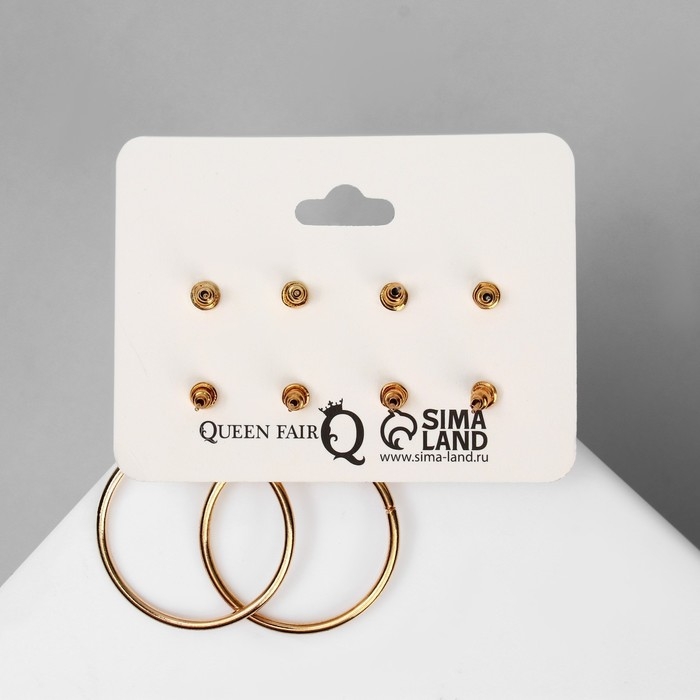 Серьги набор 4 пары «Летние истории» листья и круги, цвет чёрно-белый в золоте Серьги набор 4 пары «Летние истории» листья и круги, цвет чёрно-белый в золоте