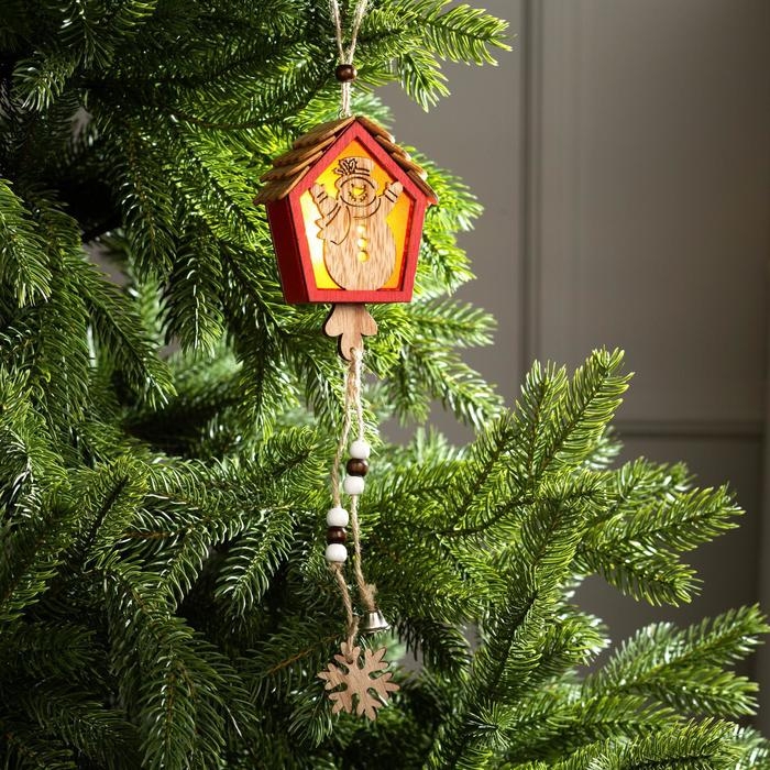 Ёлочная игрушка «Домик со снеговиком», от батареек, свечение тёплое белое Ёлочная игрушка «Домик со снеговиком», от батареек, свечение тёплое белое