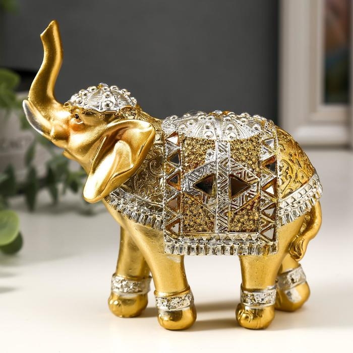 Сувенир полистоун Сувенир полистоун "Золотой слон в зеркальной попоне" 13,5х14х6 см МИКС