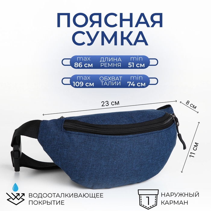 Поясная сумка на молнии, 2 наружных кармана, цвет синий Поясная сумка на молнии, 2 наружных кармана, цвет синий