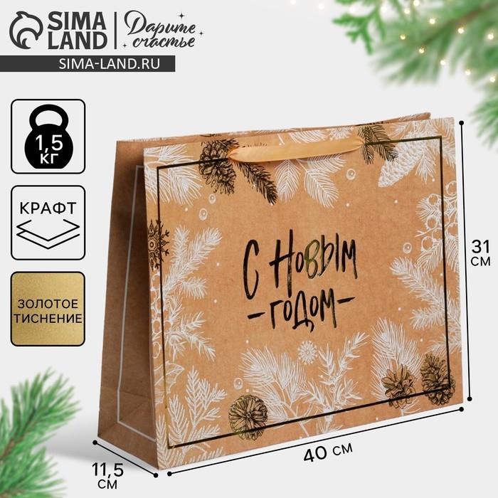 Пакет подарочный новогодний крафтовый горизонтальный «С Новым годом», L 40 х 31 х 11.5 см, Новый год Пакет подарочный новогодний крафтовый горизонтальный «С Новым годом», L 40 х 31 х 11.5 см, Новый год