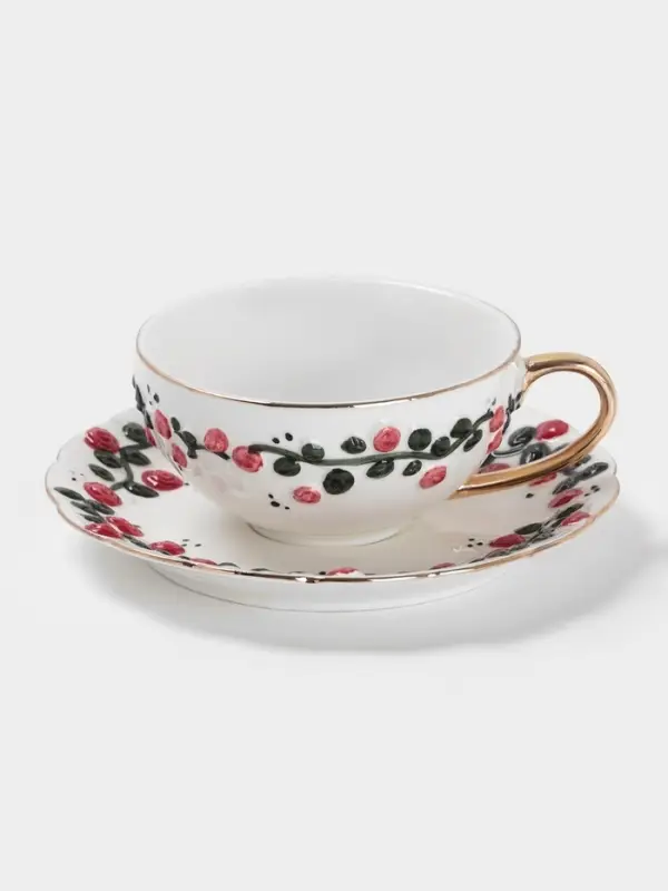 Чайная пара «Красный бутон», 2 предмета: чашка 180 мл, блюдце d=15 см, керамика, белая