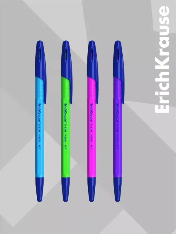 Ручка шариковая ErichKrause R=301 Neon Stick, узел 1 мм, синяя, МИКС