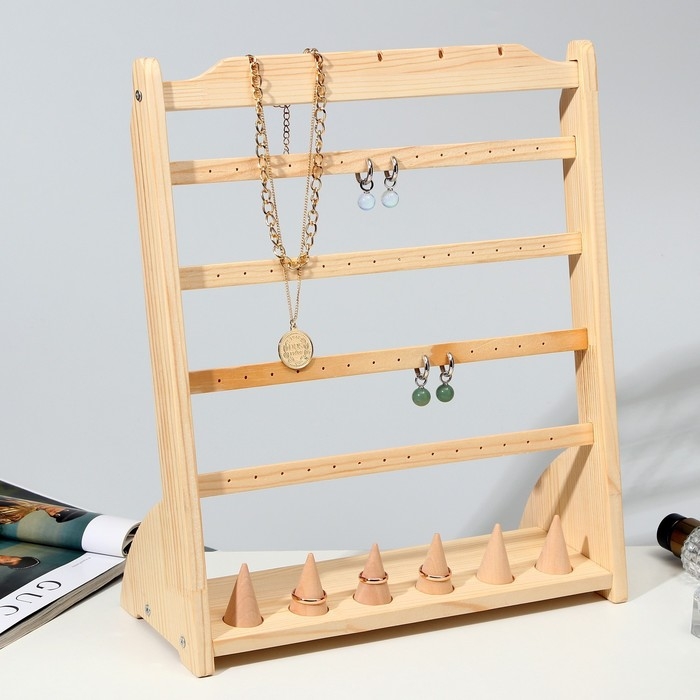 Подставка для украшений 32&times;12,5&times;37, 4 ряда по 7 пар серёг, 6 колец, 5 кулонов, цвет бежевый