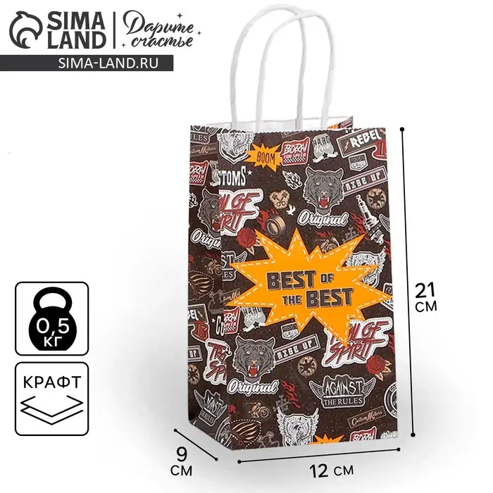 Пакет подарочный крафтовый, упаковка, &laquo;Best&raquo;, 12 х 21 х 9 см