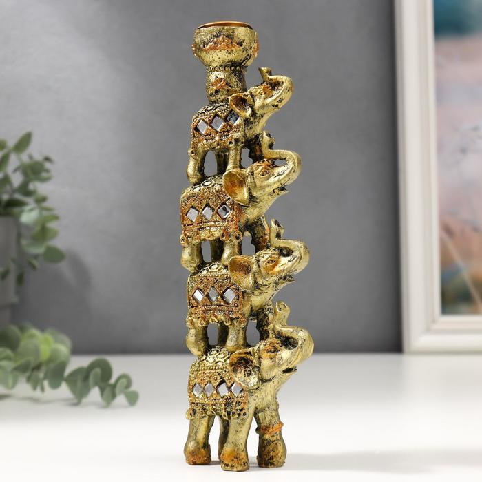 Сувенир полистоун подсвечник Сувенир полистоун подсвечник "Пирамида из 4-х слонов в попоне с зеркалами" 20х6,5х3 см