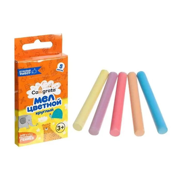 Мел школьный цветной, набор 5 цветов, круглый, в картонной коробке Мел школьный цветной, набор 5 цветов, круглый, в картонной коробке