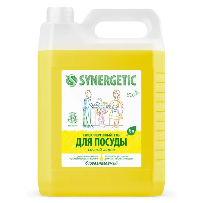 Средство для мытья посуды Synergetic &laquo;Лимон&raquo;, биоразлагаемый гель, с антибактериальным эффектом, 5 л