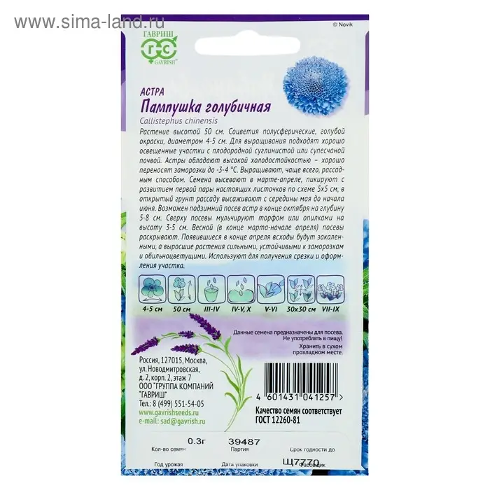 Семена цветов Астра Пампушка голубичная, помпонная, О, ц/п, 0,3 г
