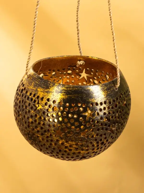 Подсвечник подвесной из кокоса, 14×14×10 см, чёрно-золотой