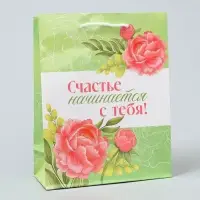 Пакет подарочный ламинированный, упаковка, «Счастье начинается с тебя», MS 18 х 23 х 8 см