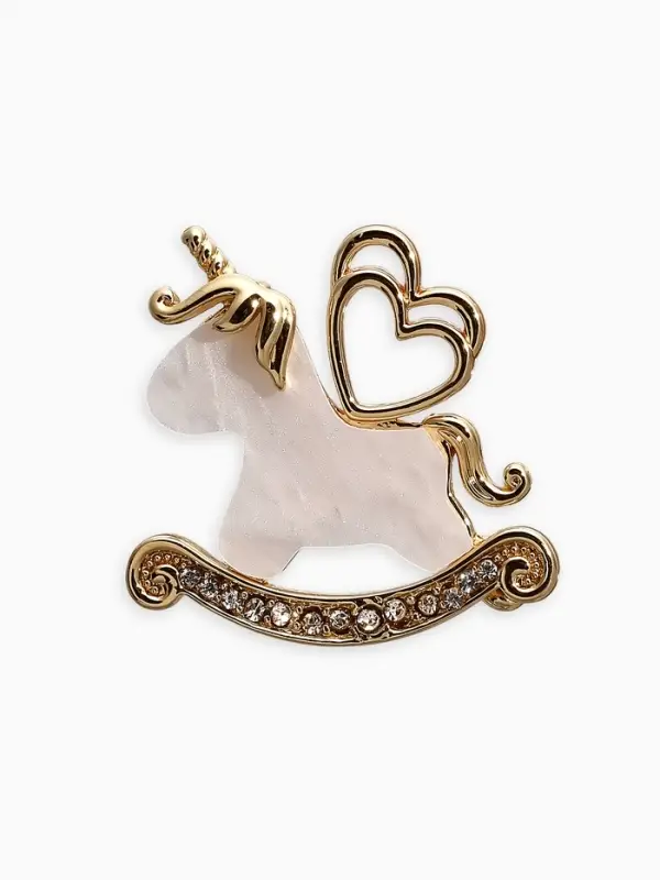 Брошь "Лошадка-Качалка, единорог, цвет белый в золоте