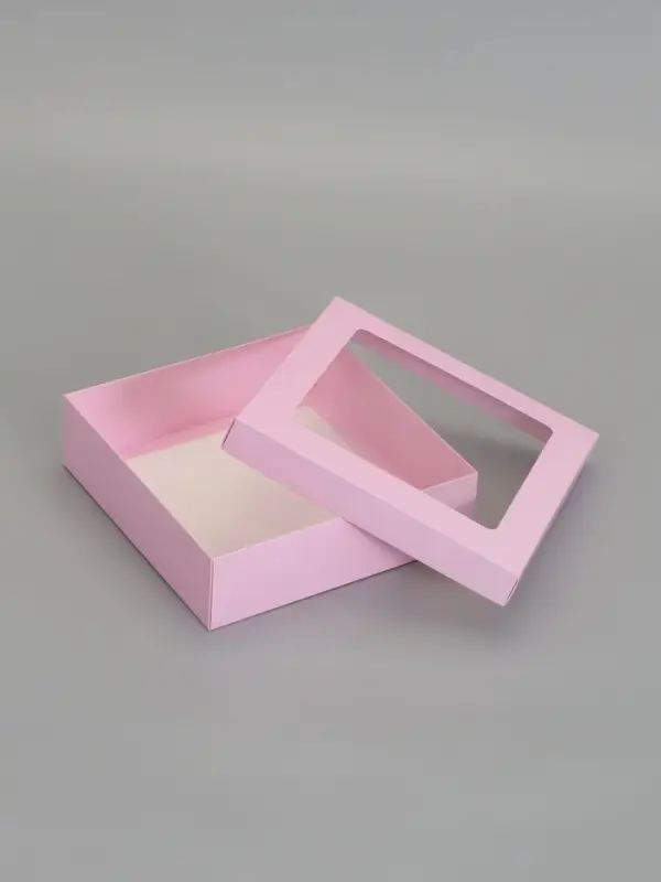 Коробка складная, крышка-дно,с окном, розовая, 23 х 23 х 6,5 см