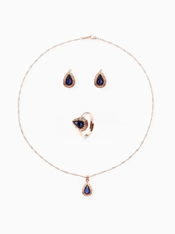 Гарнитур 3 предмета: серьги, кулон, кольцо безразмерное &laquo;Эдель&raquo;, капля, тёмно-синие в золоте, 45 см
