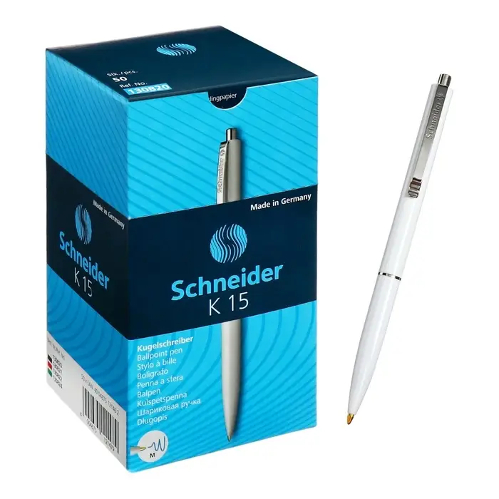 Ручка под логотип Schneider. K15, шариковая, автоматическая, синий стержень, узел 1 мм, корпус белый