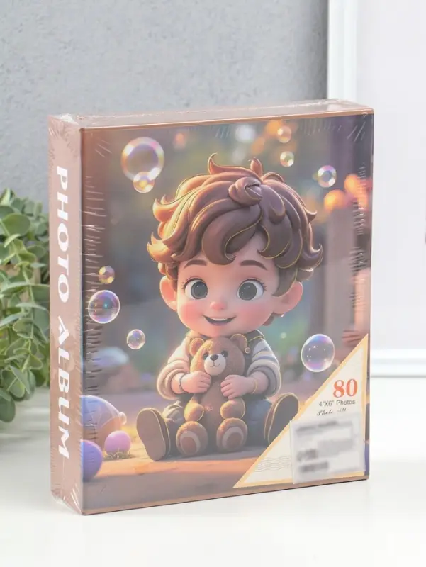Фотоальбом на 80 фото 10х15 см "Мальчик в полосатой рубашке с мишкой" в коробке 5х19х22,8 см   10962