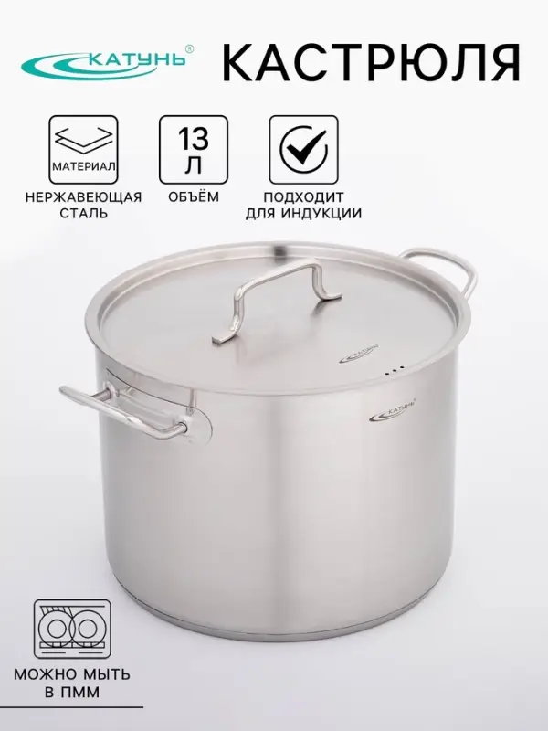 Кастрюля Катунь &laquo;Общепит&raquo;, 13 л, d=28 см, с крышкой, капсульное дно, индукция, нержавеющая сталь, хромированный