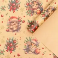 Бумага упаковочная новогодняя «Котик», бурый крафт, 80 г/м² , 50×70 см