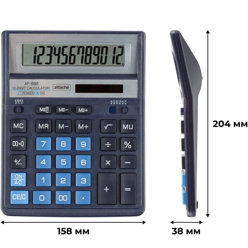 Калькулятор настольный ПОЛН.Attache AF-888,12р,дв.пит,204x158мм, темно-син