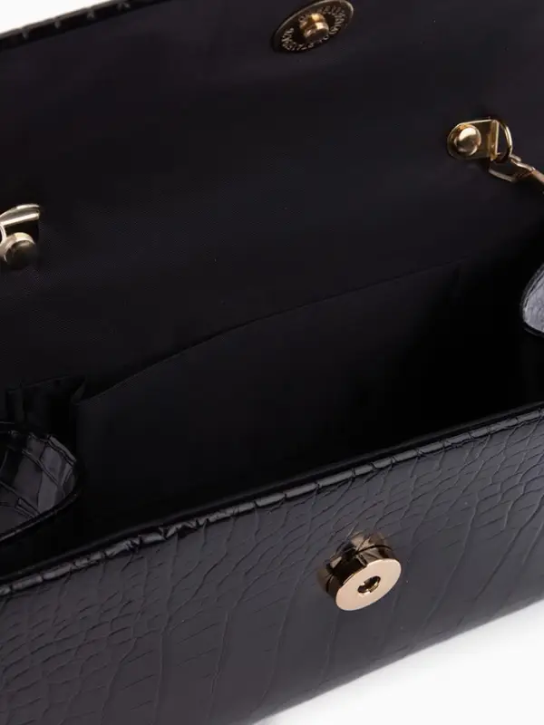 Сумка-клатч женская вечерняя на магните, на цепочке, с текстурой под рептилию, чёрная