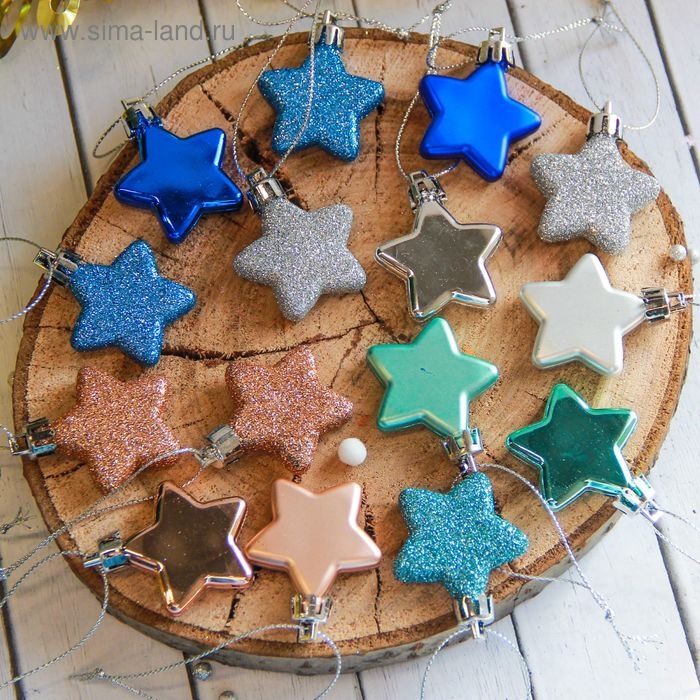 Набор ёлочных игрушек 15 шт. «Зимнее волшебство. Звёздочки ассорти» пластик, 3,5 см Набор ёлочных игрушек 15 шт. «Зимнее волшебство. Звёздочки ассорти» пластик, 3,5 см