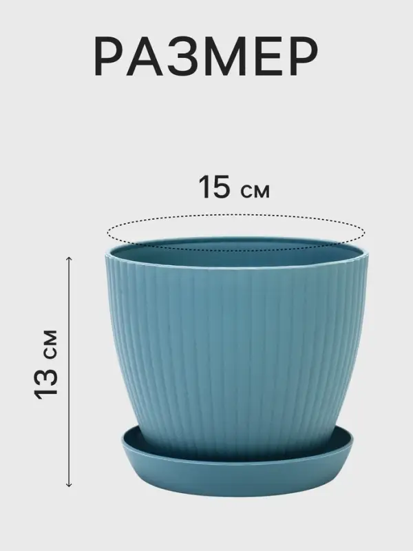 Горшок цветочный Ribbed, 15&times;15&times;13 см, 1.2 л, пластиковый, с поддоном, серо-голубой