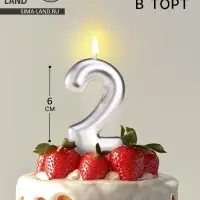 Свеча в торт &laquo;Европейская&raquo;, цифра 2, 6 см, серебро