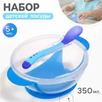 Тарелка на присоске, 350 мл, в наборе крышка, термоложка, синий