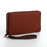 Портмоне мужское на молнии, 3 отделения, искусственная кожа, с ручкой, коричневое