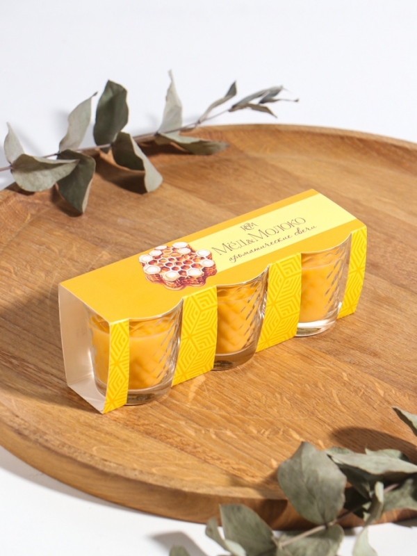 Свеча ароматическая в стакане (набор 3 шт) по 50 мл, 10 ч, 32 гр, МОЛОКО-МЁД