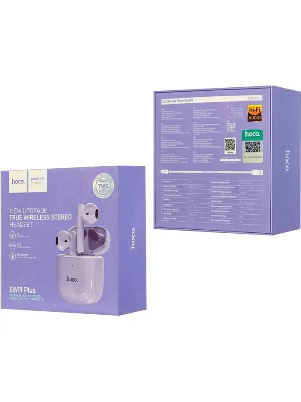 Наушники беспроводные Hoco EW19, TWS, вкладыши, Bluetooth 5.3, 25/300 мАч, фиолетовые