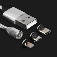 Кабель Windigo, 3 в 1, microUSB/Lightning/Type-C - USB, магнитный, 2 А, нейлон, 1 м, серебр.