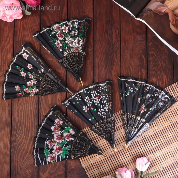 Веер пластик, текстиль  Веер пластик, текстиль "Полевые цветы" блёстки золото МИКС 23 см