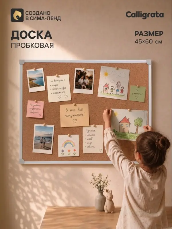 Доска пробковая Calligrata, 45&times;60 см, в ПВХ рамке белого цвета, серые уголки