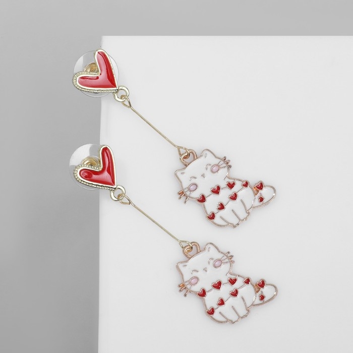 Серьги эмаль «Котики» любовь, сердечки, цвет бело-красный в золоте Серьги эмаль «Котики» любовь, сердечки, цвет бело-красный в золоте