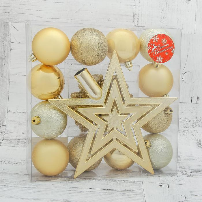 Набор украшений пластик с верхушкой 17 шт Набор украшений пластик с верхушкой 17 шт "Вспышка" золото