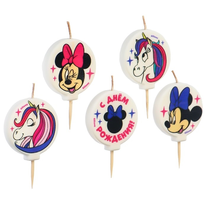 Свеча для торта Свеча для торта "С Днем Рождения!", 5 штук, Минни Маус и Единорог