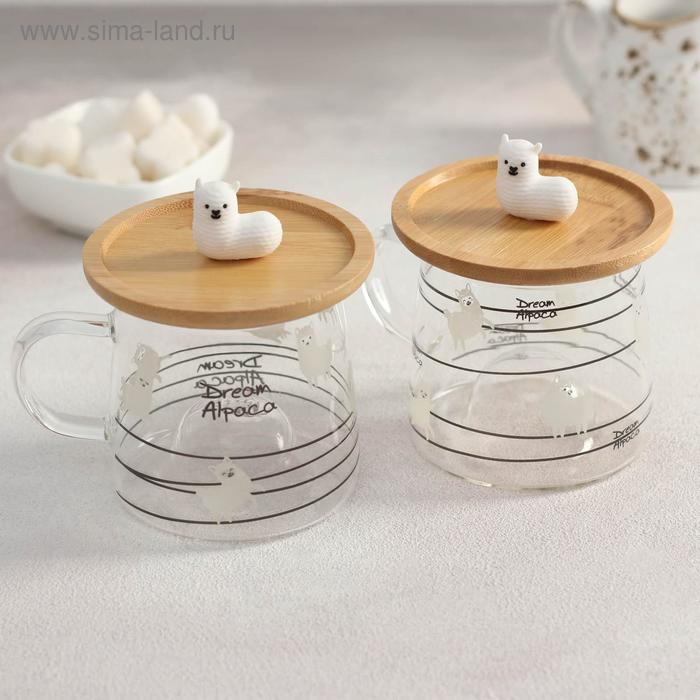 Кружка стеклянная с деревянной крышкой «Лама», 300 мл, рисунок МИКС Кружка стеклянная с деревянной крышкой «Лама», 300 мл, рисунок МИКС
