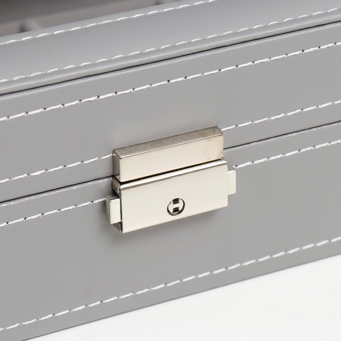 Шкатулка кожзам под часы 6 отделений  Шкатулка кожзам под часы 6 отделений "Серая с белой строчкой" 8х30х11 см