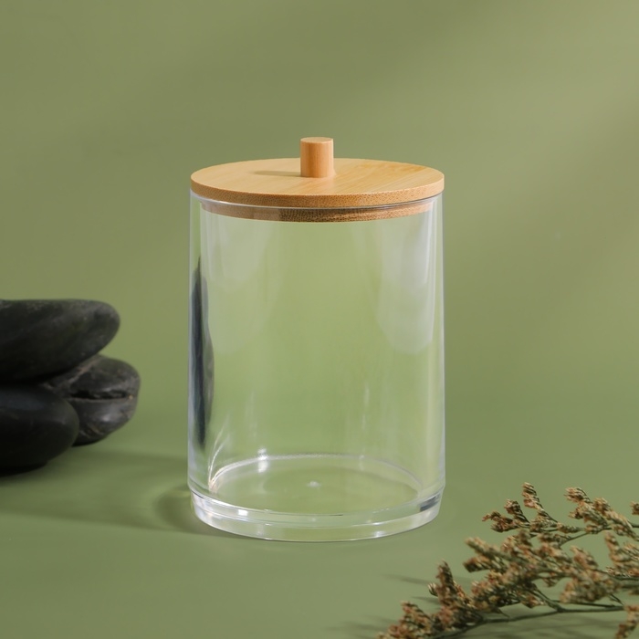 Органайзер для ватных палочек «BAMBOO», с крышкой, 7 × 7 × 9,5 см, в картонной коробке, цвет прозрачный/коричневый Органайзер для ватных палочек «BAMBOO», с крышкой, 7 × 7 × 9,5 см, в картонной коробке, цвет прозрачный/коричневый