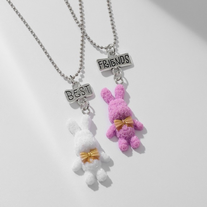 Кулоны «Неразлучники» зайцы, цвет бело-розовый в серебре, 40 см