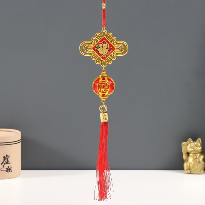 Подвеска пластик, текстиль Подвеска пластик, текстиль "Китайский фонарик и узел - На счастье" 4,2х8,2х39 см