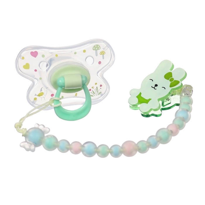 Соска - пустышка силиконовая ортодонтическая, от 12 мес., с колпачком + держатель «Зайка», цвет зеленый Соска - пустышка силиконовая ортодонтическая, от 12 мес., с колпачком + держатель «Зайка», цвет зеленый